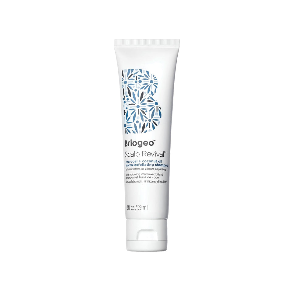 Briogeo front packaging of the 2 oz exfoliating shampoo highlighting travel size benefit