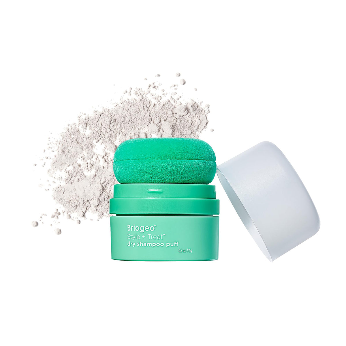 Briogeo front packaging showing compact dry shampoo puff and benefits
