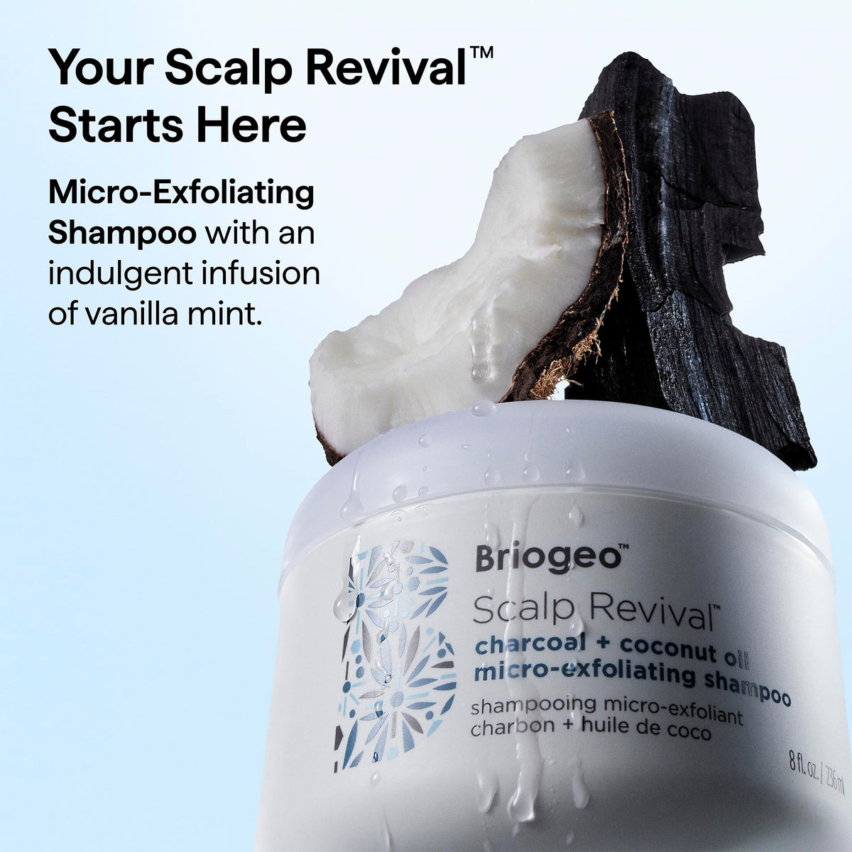 Briogeo pump close-up revealing shampoo texture and easy dispensing