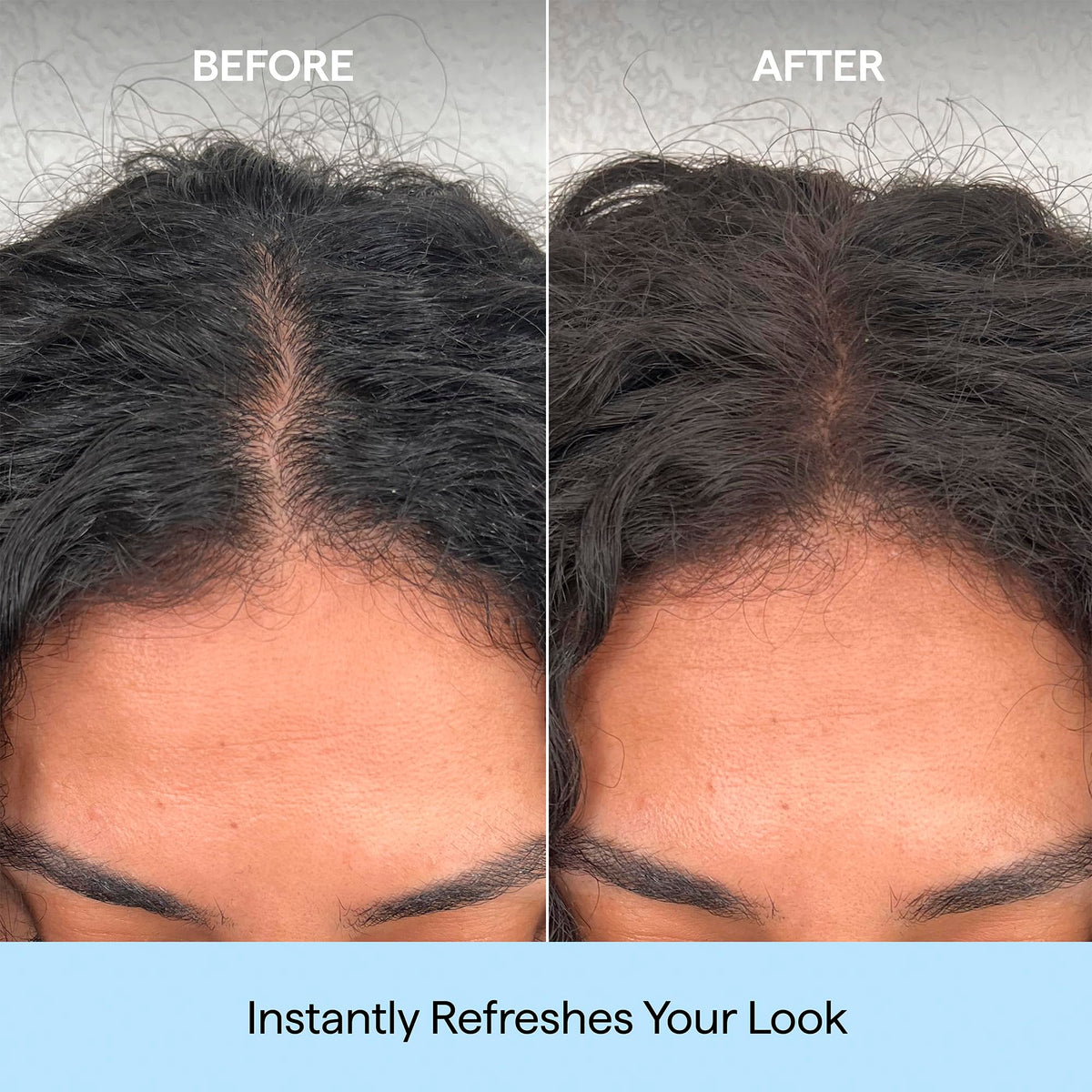 Briogeo applied to dark hair roots demonstrating blended coverage benefit