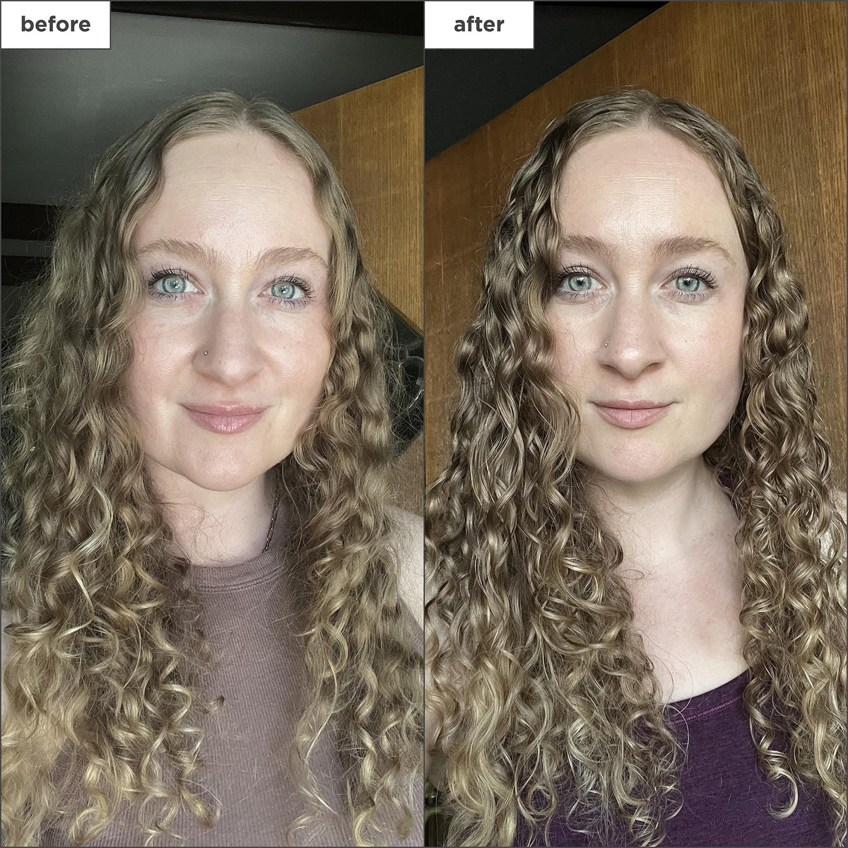 Styled curly hair after Briogeo spray showing reduced frizz and shine