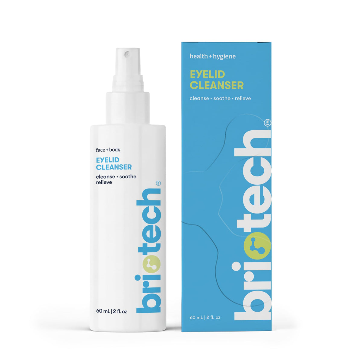 BRIOTECH front packaging travel 2 fl oz showing label and spray cap benefit gentle cleansing