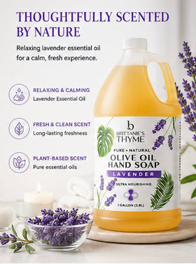 Brittanie's Thyme in pump bottle on sink promoting daily convenience