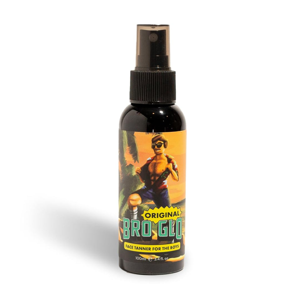bro glo front packaging showing bottle and branding with benefit of easy use