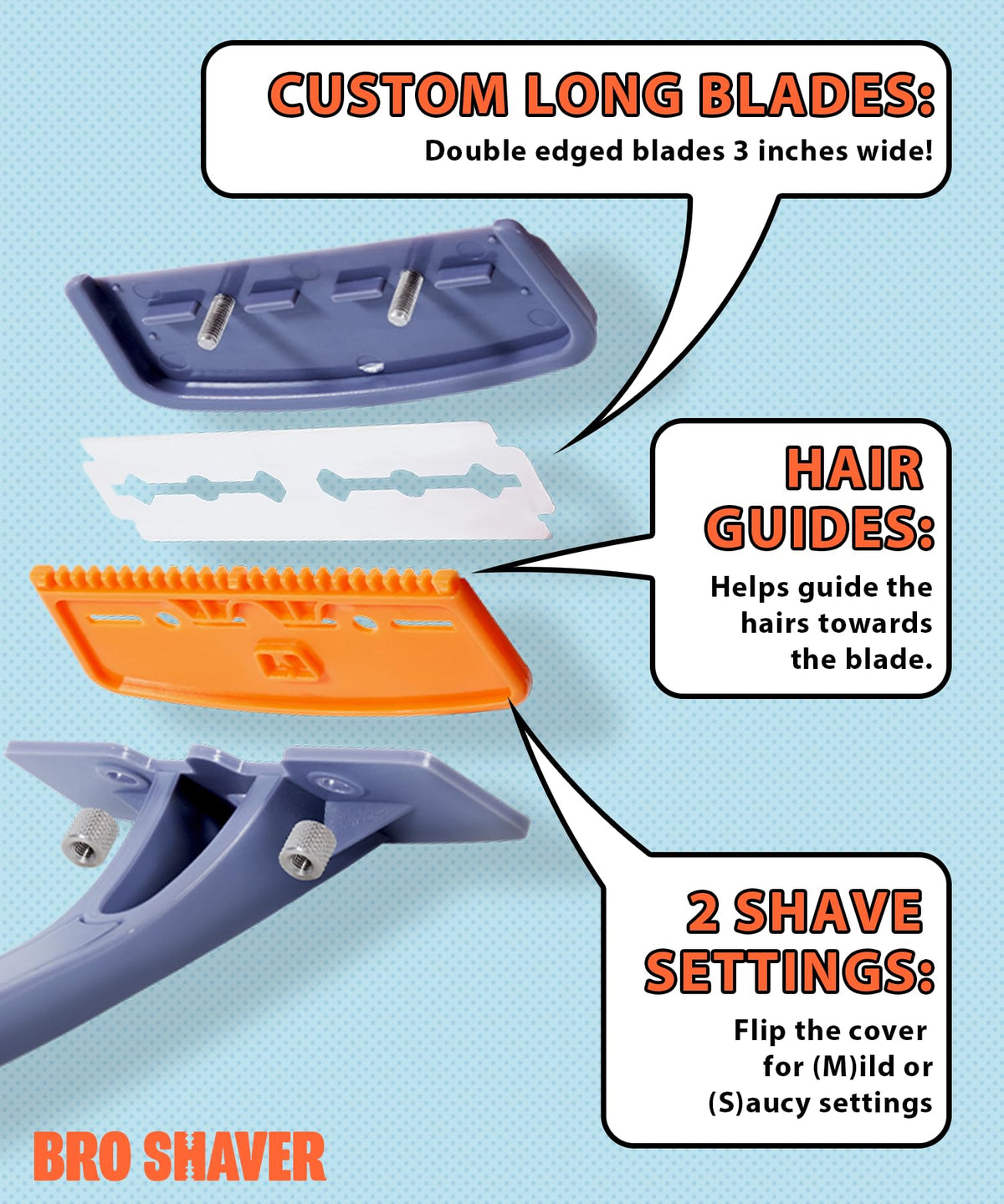 Bro Shaver long handle detail highlighting 20-inch reach for hard-to-reach areas