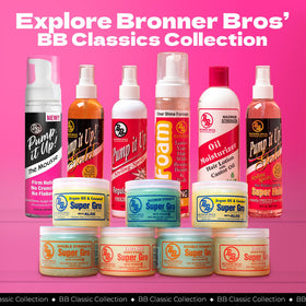 Bronner Bros bottle arranged with combs and rollers in lifestyle scene suggesting styling readiness