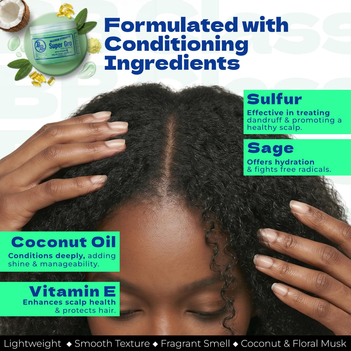 Bronner Bros coconut ingredient display showing natural oil for deep conditioning