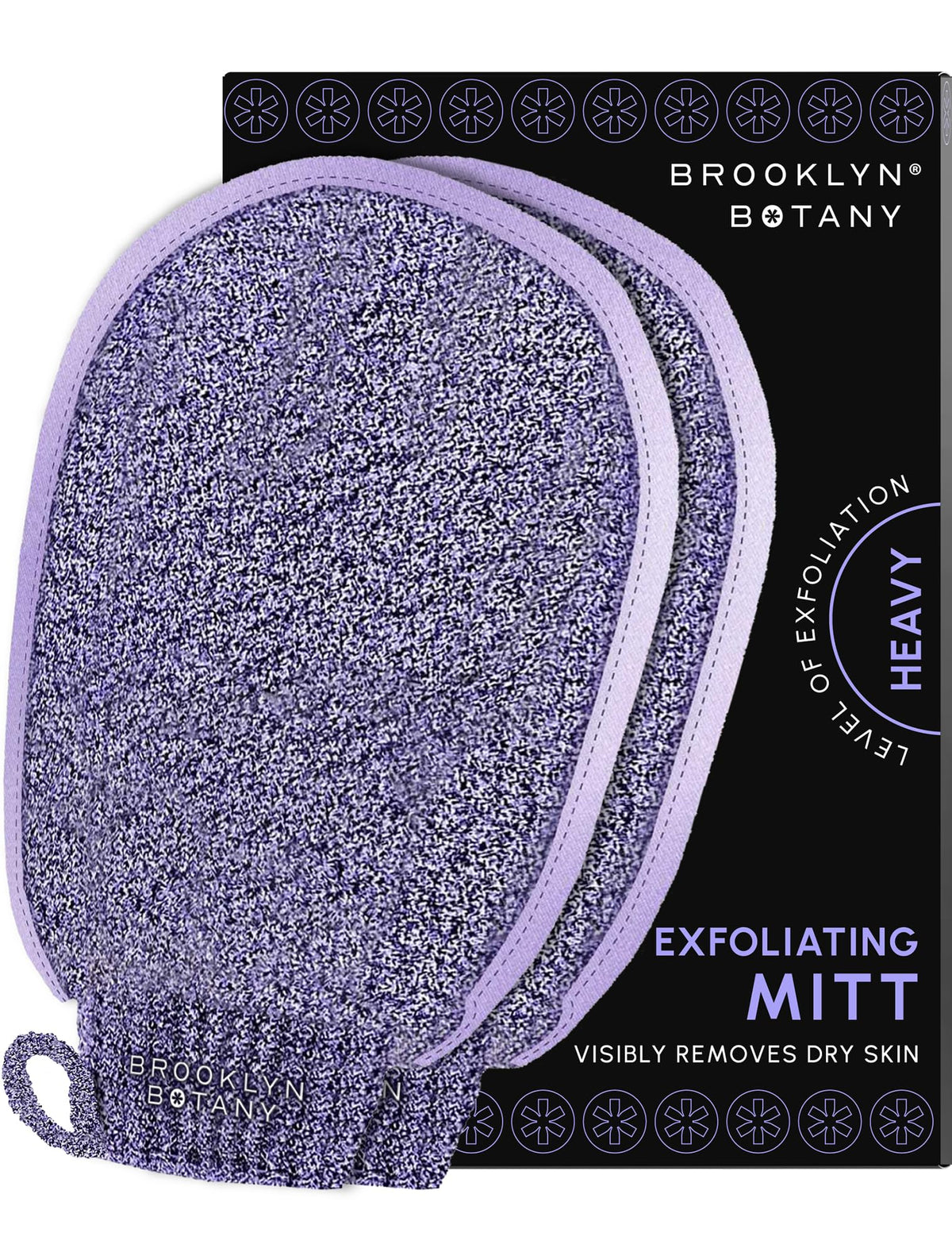 Brooklyn Botany front view of two exfoliating mitts showing packaging and benefit of deep cleansing