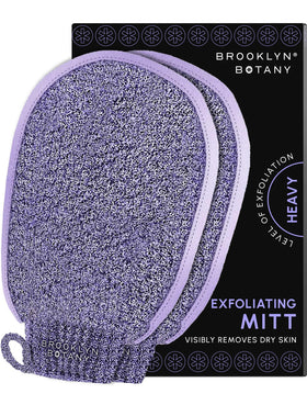 Brooklyn Botany front view of two exfoliating mitts showing packaging and benefit of deep cleansing