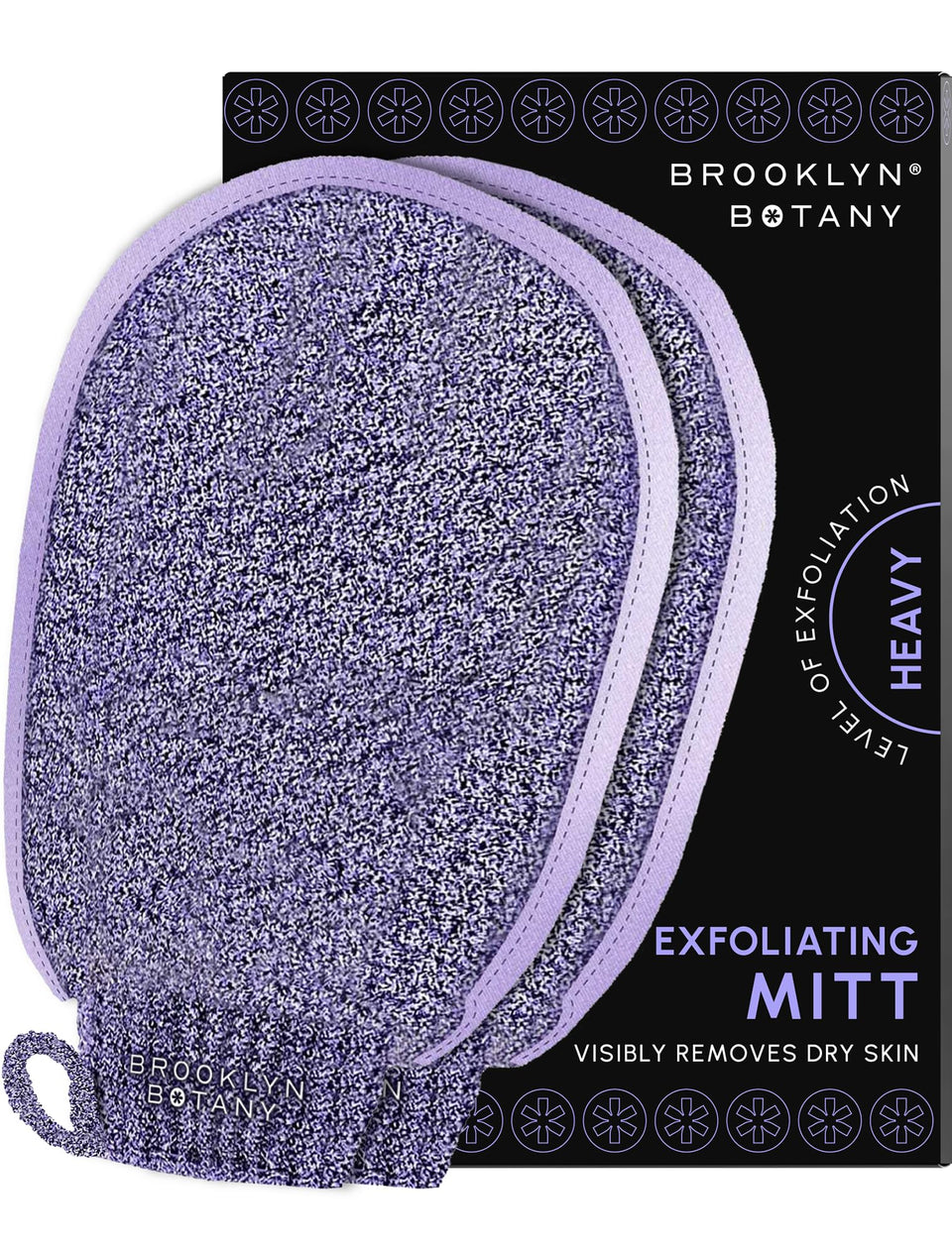 Brooklyn Botany front view of two exfoliating mitts showing packaging and benefit of deep cleansing
