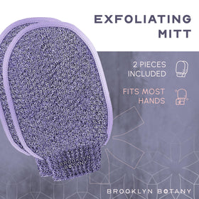 Brooklyn Botany mitts styled on a spa towel conveying at-home spa exfoliation results