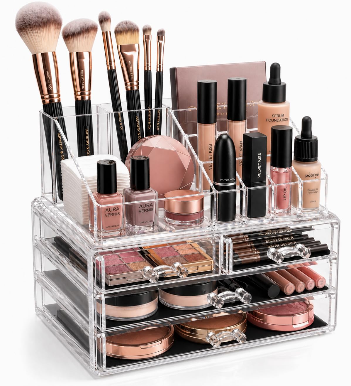 Brookstone front view organizer showing clear drawers and tidy cosmetics for quick access