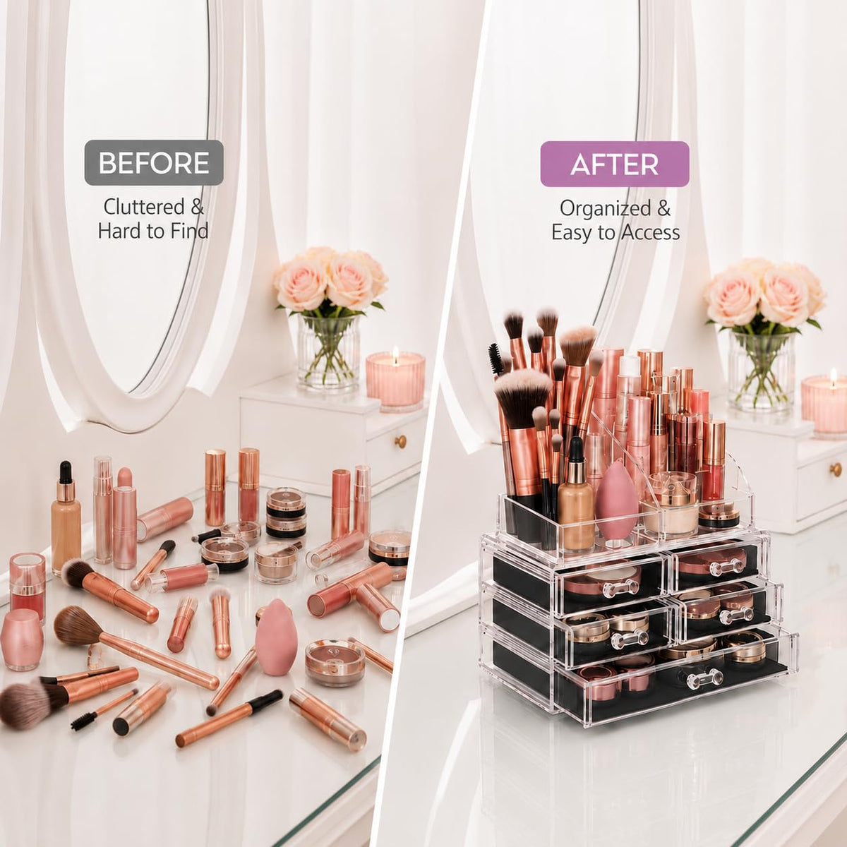 Brookstone top compartment with brushes and lipsticks organized for easy morning routines