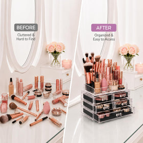 Brookstone top compartment with brushes and lipsticks organized for easy morning routines
