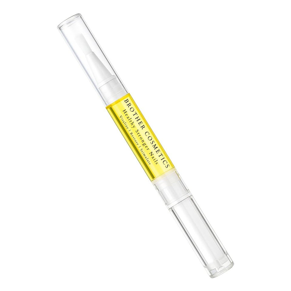 BROTHER front packaging showing compact nail oil pen and branding benefits