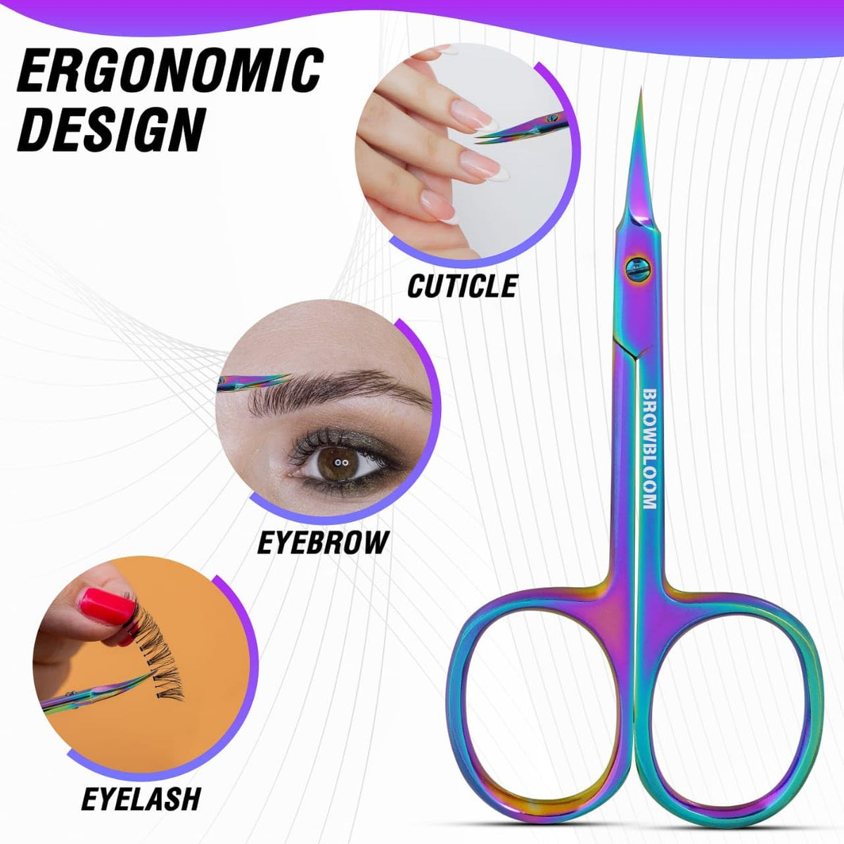 BROWBLOOM scissors in use trimming a cuticle for accurate, safe grooming benefit