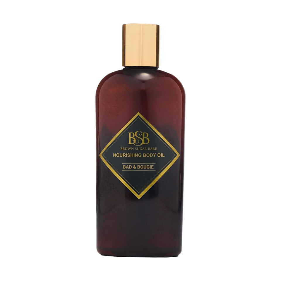 Brown Sugar Babe bottle front showing bad & bougie scent and packaging benefit