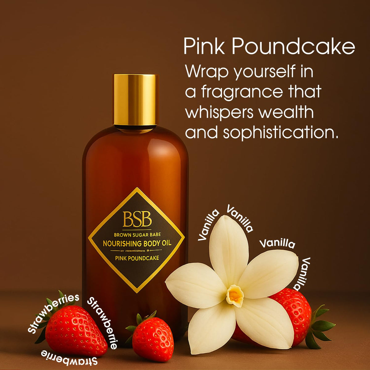 Brown Sugar Babe label close-up showing Pink Poundcake fragrance notes and ingredients