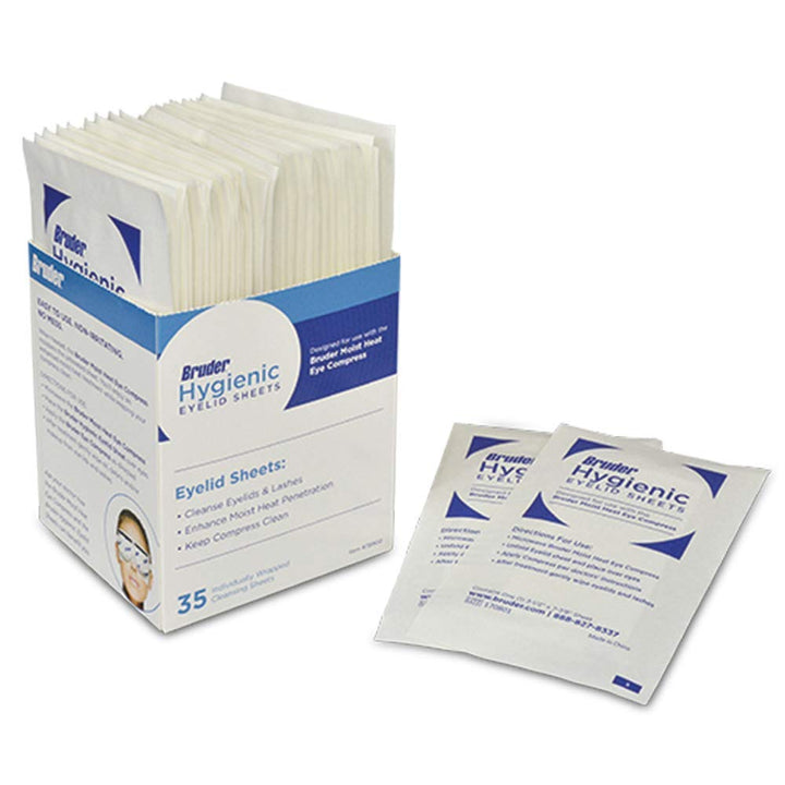 Bruder front packaging of 35 eyelid micro fine sheets showing compact travel-ready pack and convenience