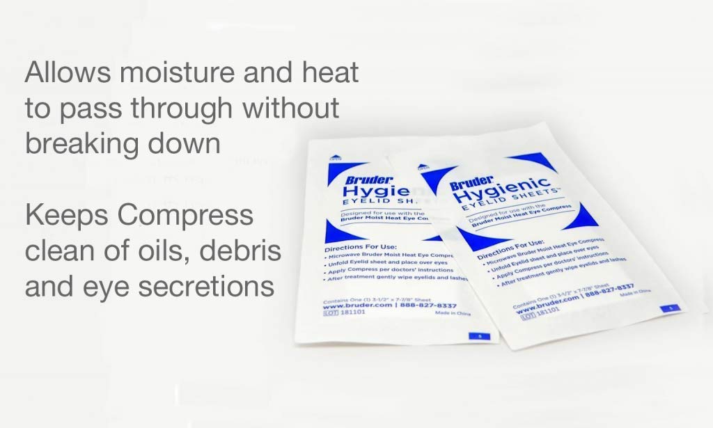 Bruder sheet beside a moist heat eye compress illustrating compatible use for cleaner compress maintenance