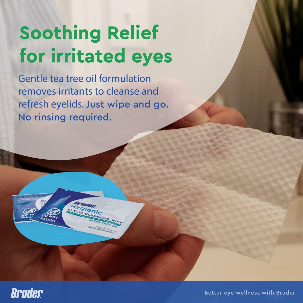 Bruder wipe in use on closed eyelid illustrating quick, rinse-free cleansing benefit