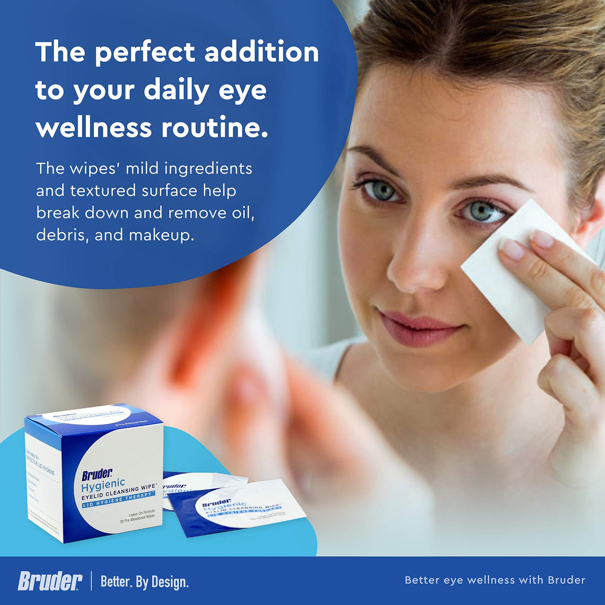 Bruder wipe being used on a closed eye to remove makeup safely