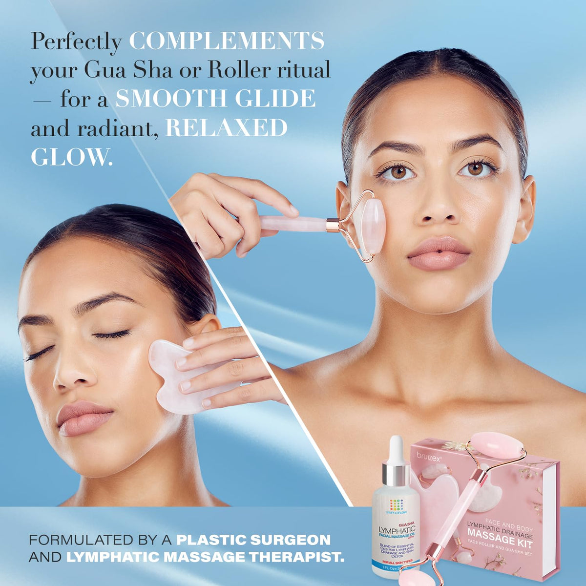 Bruizex applied with jade roller to cheek illustrating even application