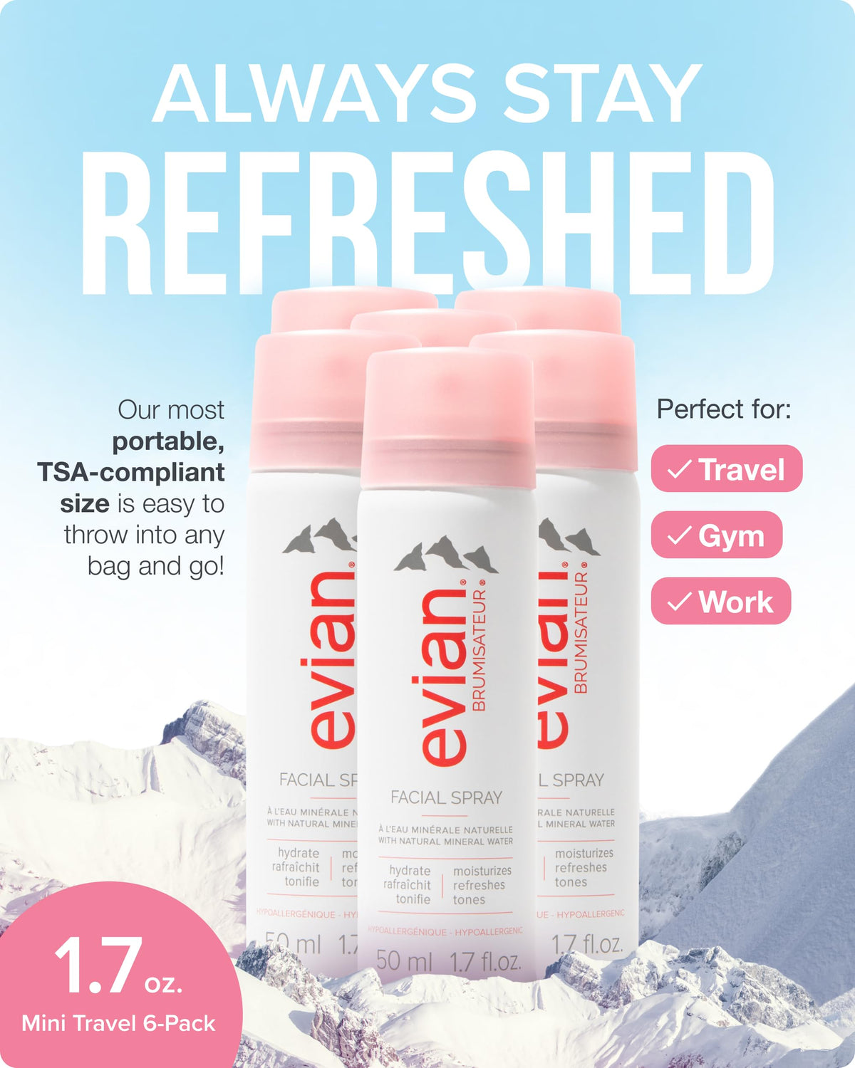 BRUMISATEUR Evian close-up of nozzle creating fine mist for even hydration