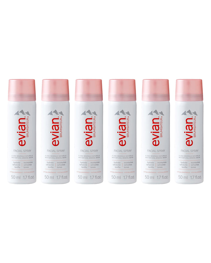 BRUMISATEUR Evian front packaging showing travel six-pack and brand visibility