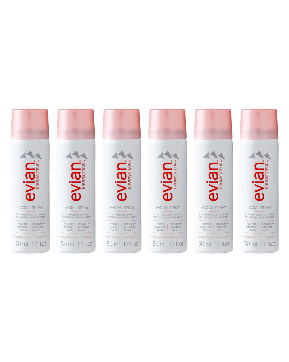 BRUMISATEUR Evian front packaging showing travel six-pack and brand visibility