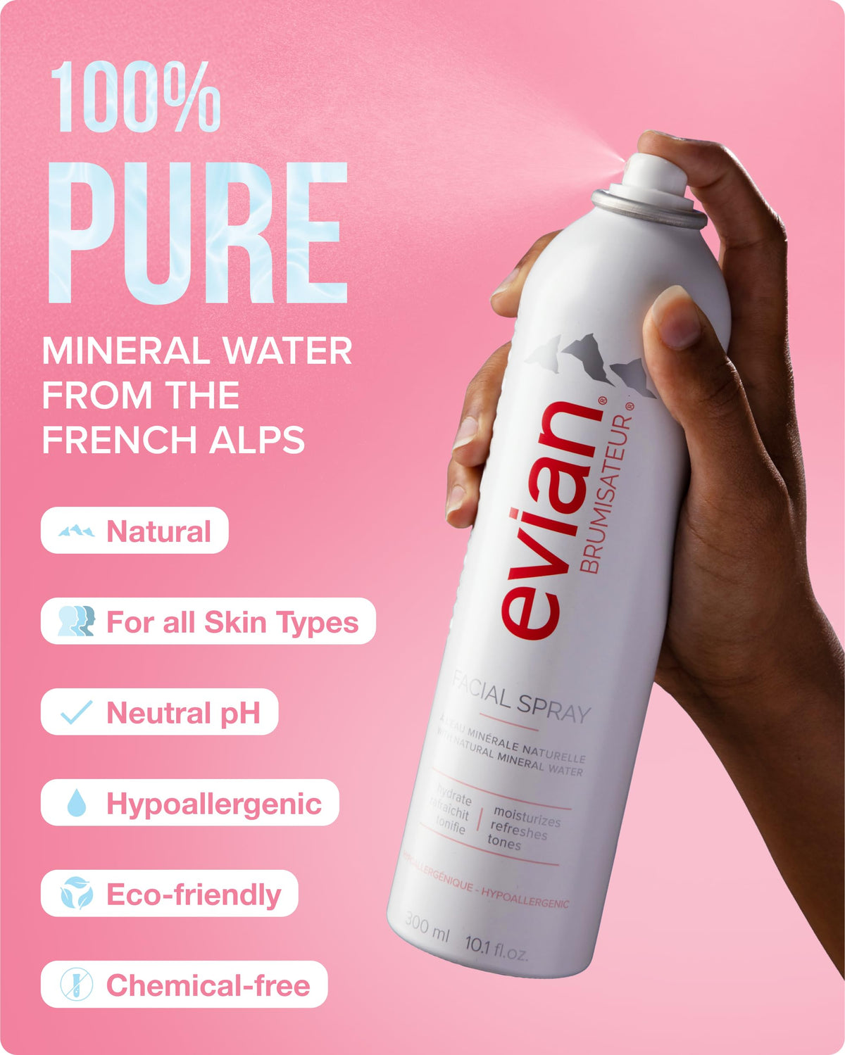 BRUMISATEUR microdroplet cloud of Evian mist illustrating gentle texture benefit