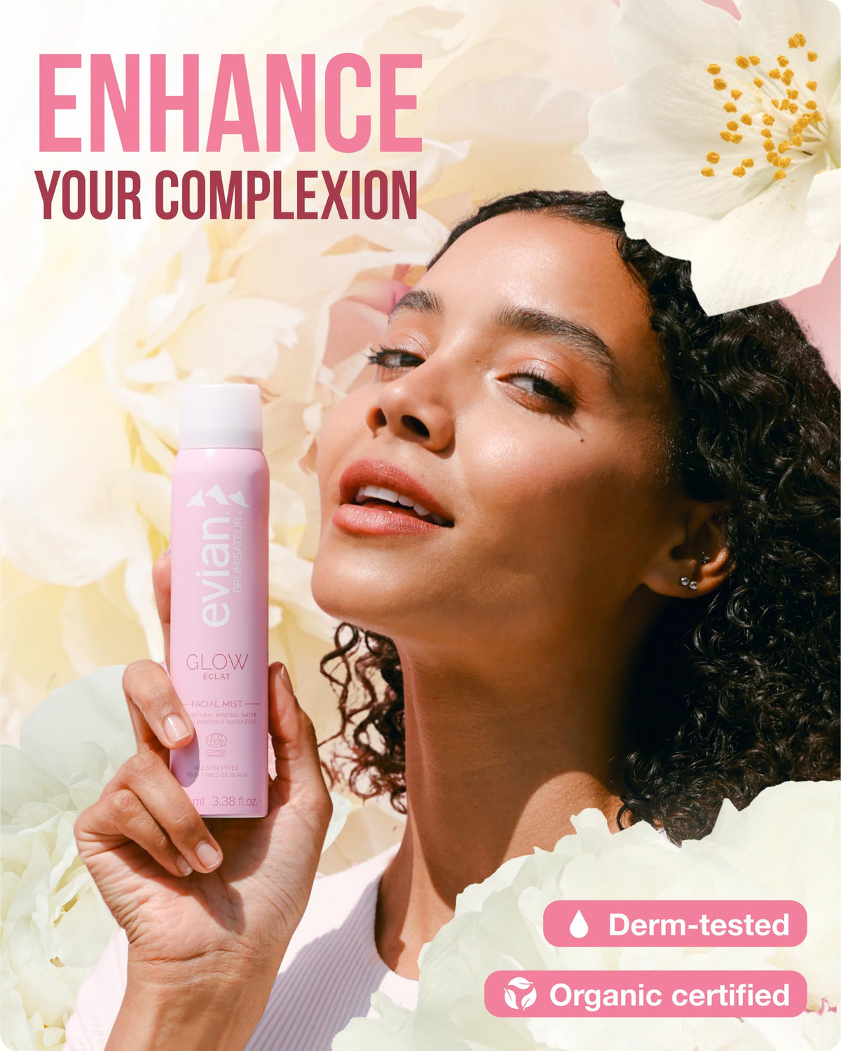 BRUMISATEUR Evian Glow ingredients display with aloe and white tea for soothing benefits