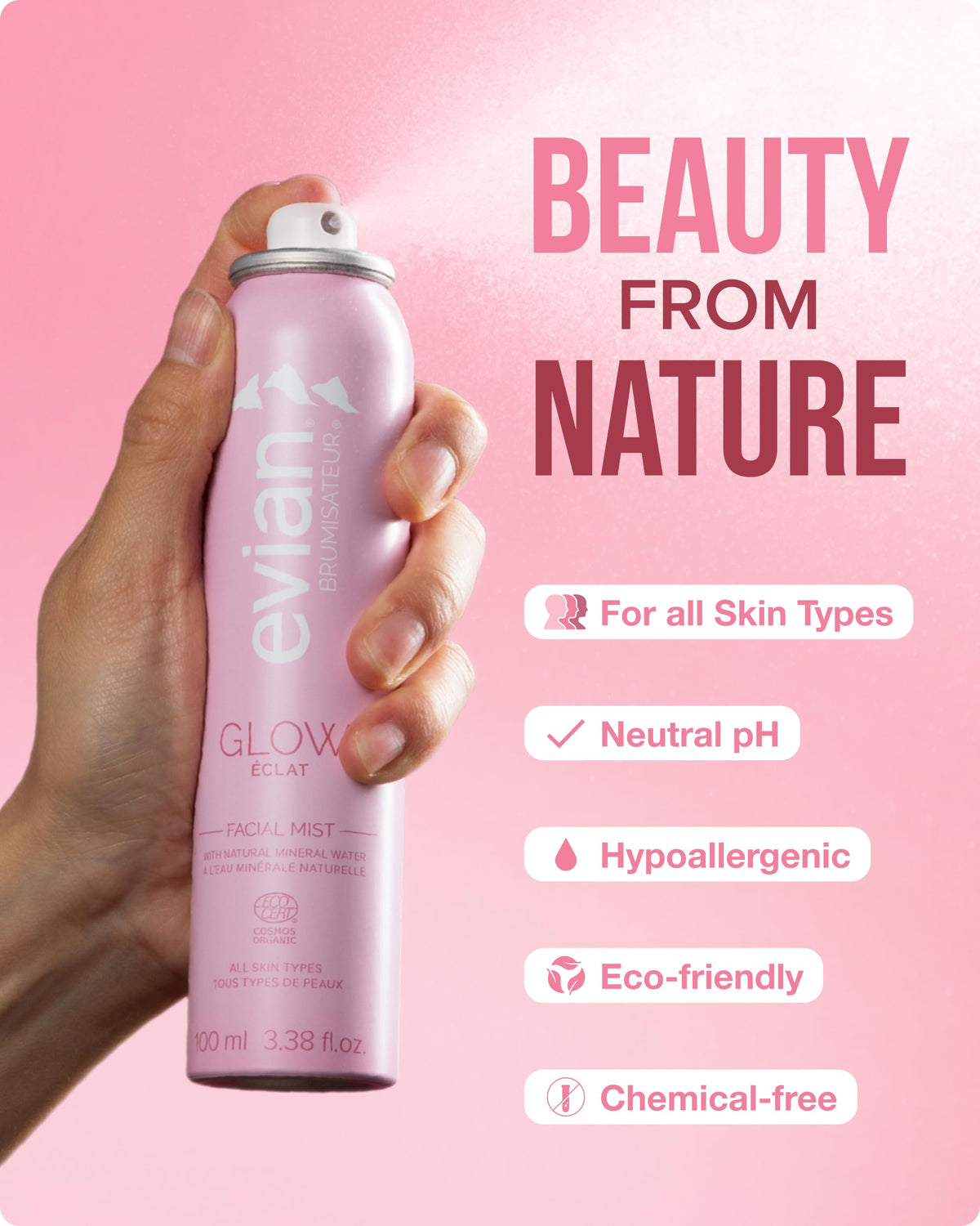 BRUMISATEUR Evian Glow mist sprayed over makeup to refresh and enhance finish