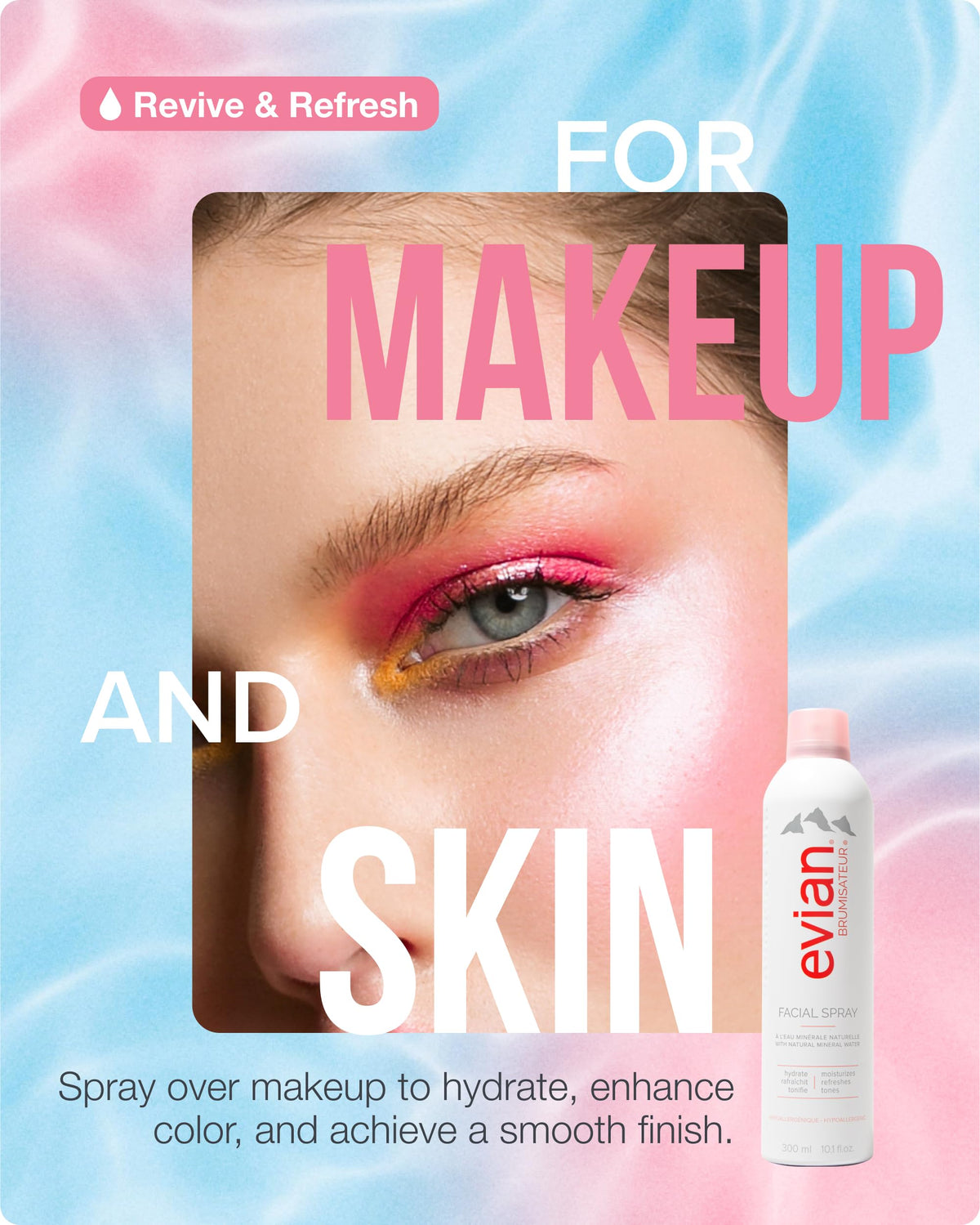 BRUMISATEUR person spraying Evian mist on face showing instant refresh benefit
