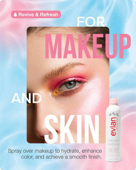 BRUMISATEUR person spraying Evian mist on face showing instant refresh benefit