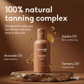 Brunae Body buriti and jojoba oils displayed for antioxidant and moisturising benefit