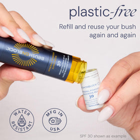 Brush On Block brush assembled with refill installed for easy on-the-go protection