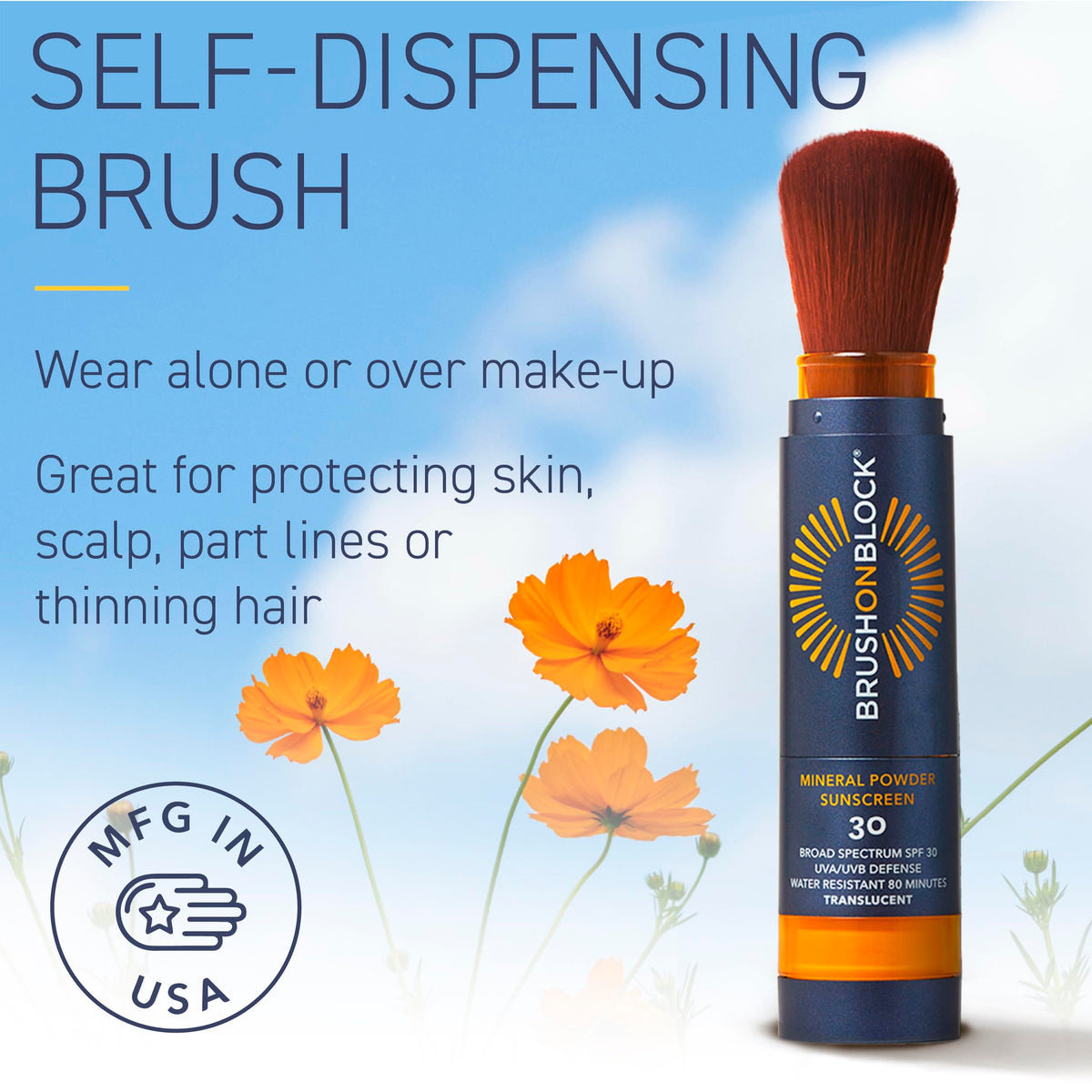Brush On Block closeup label listing zinc oxide and skin-conditioning ingredients for clarity
