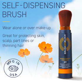 Brush On Block closeup label listing zinc oxide and skin-conditioning ingredients for clarity