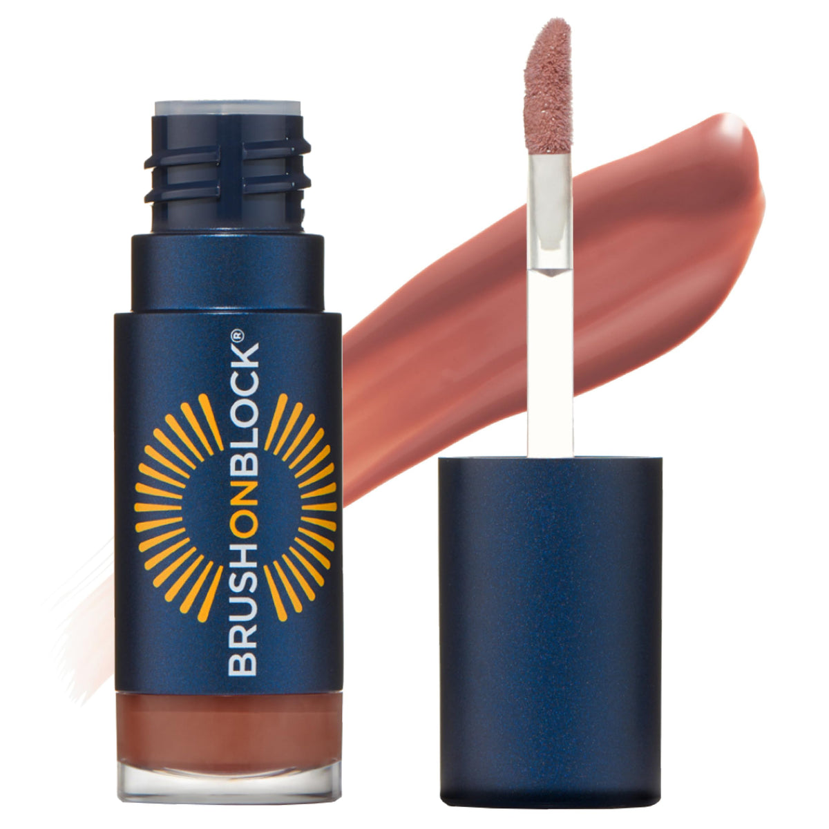 Brush On Block fig front packaging showing glossy tinted lip oil and brush applicator benefit of easy touch-ups