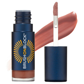 Brush On Block fig front packaging showing glossy tinted lip oil and brush applicator benefit of easy touch-ups