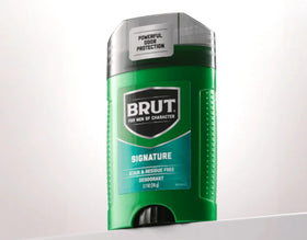 Brut can label texture displaying product name and scent for informed choice