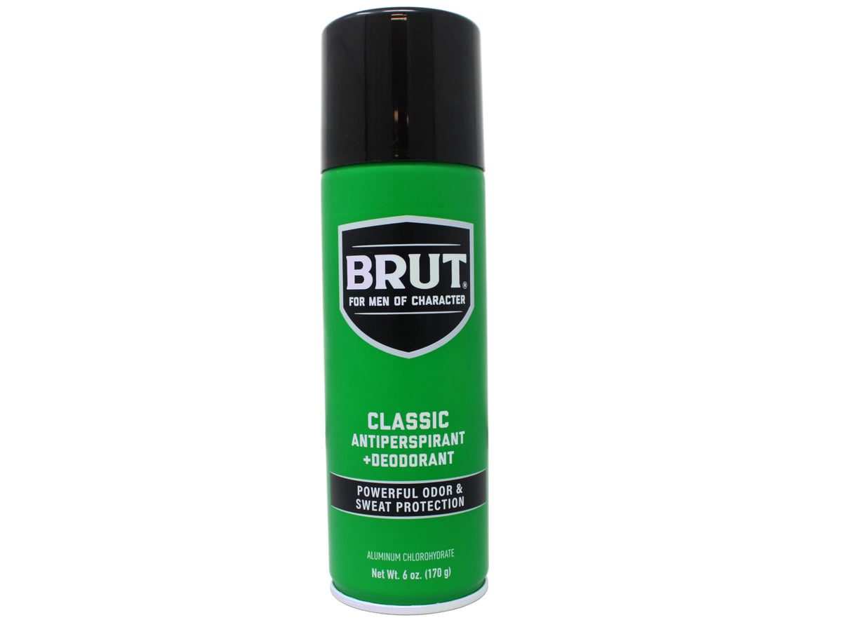 Brut classic aerosol side label close-up highlighting ingredients and usage benefits