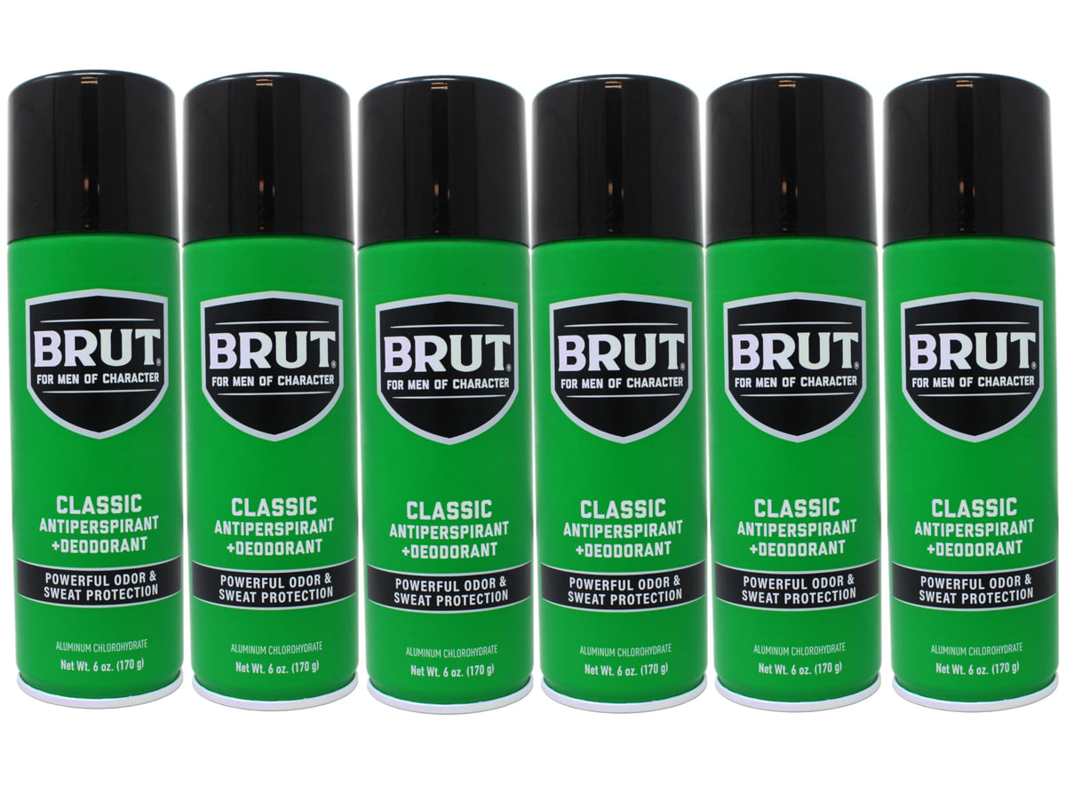 Brut classic front packaging showing six 6oz aerosol cans and classic scent benefit
