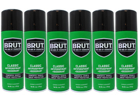 Brut classic front packaging showing six 6oz aerosol cans and classic scent benefit