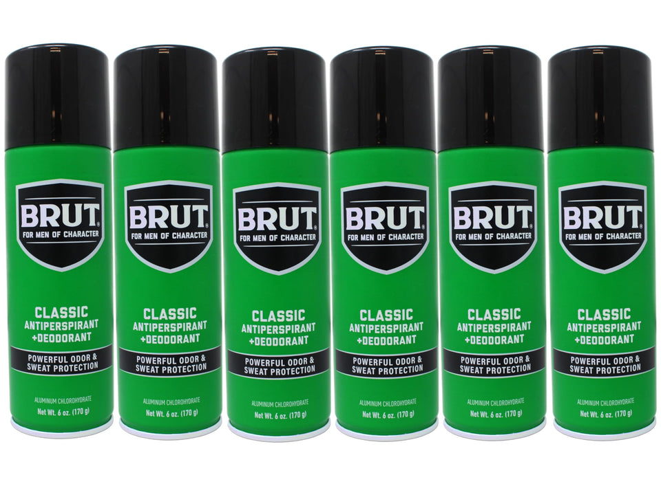 Brut classic front packaging showing six 6oz aerosol cans and classic scent benefit