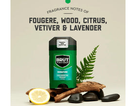 Brut cans on bathroom shelf showing compact travel-ready benefit