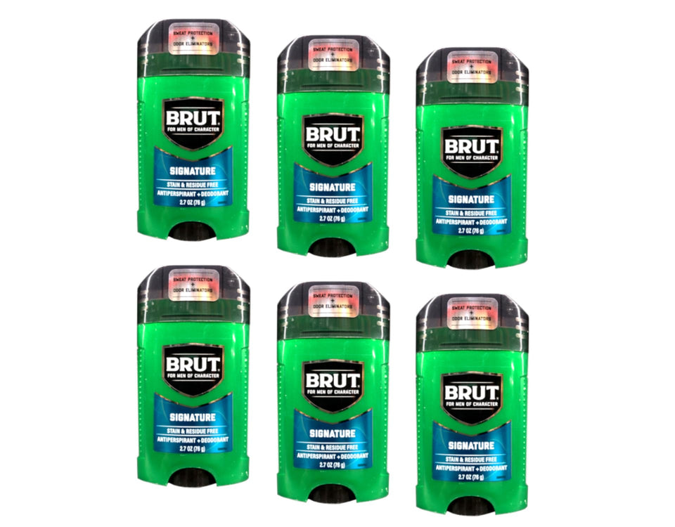brut front packaging showing six 2.7 oz sticks and clear value