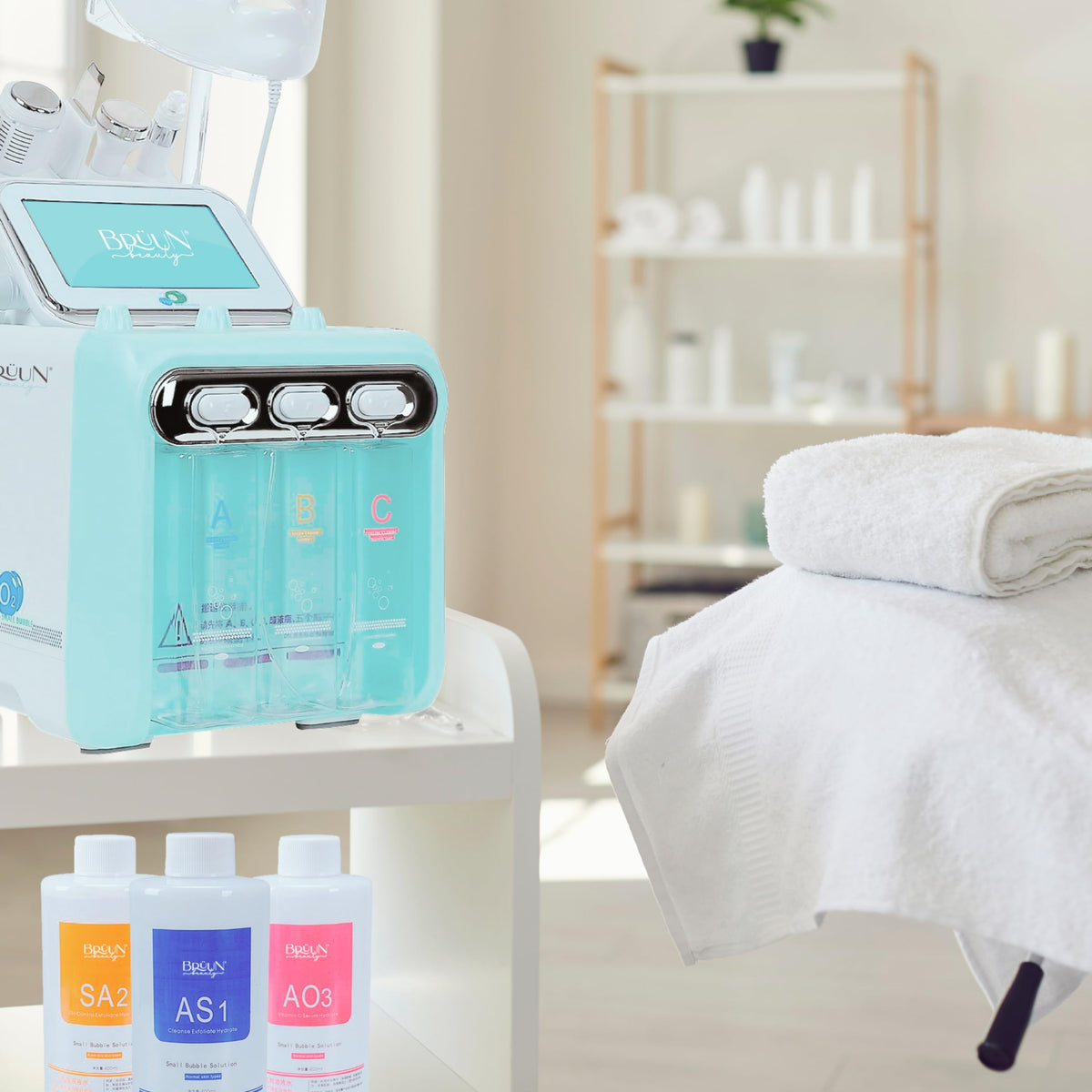 BRÜUN serums loaded in a hydra-peel machine reservoir for efficient treatments