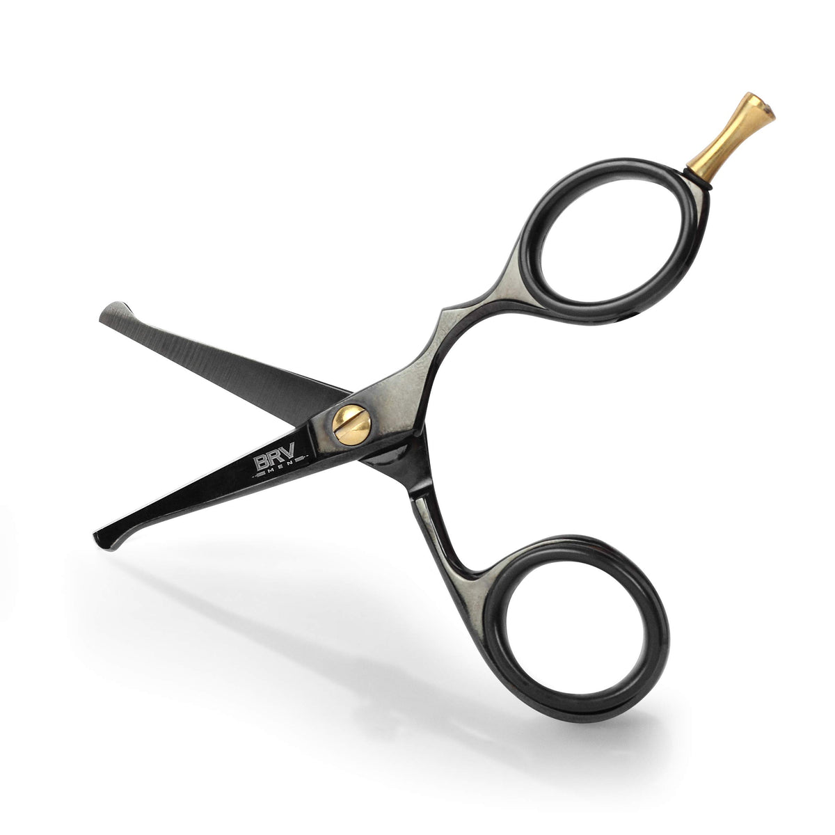 BRV MEN front view of black rounded-tip scissors showing sleek finish and durable build